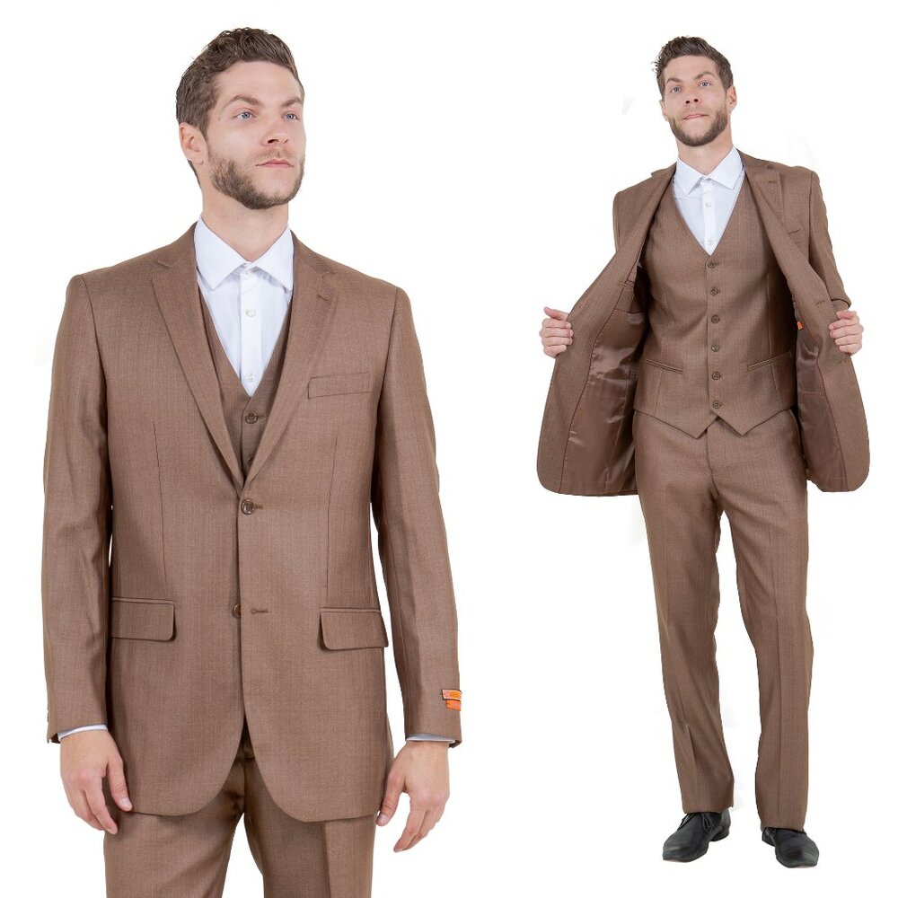 Modern Fit Sharkskin 3pc Men's Suit Set, Toast
